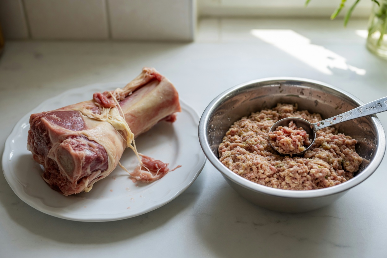 Osso di carne cruda su un piatto accanto a una ciotola di carne cruda tritata che mostra la differenza visiva tra i modelli di alimentazione BARF e PMR