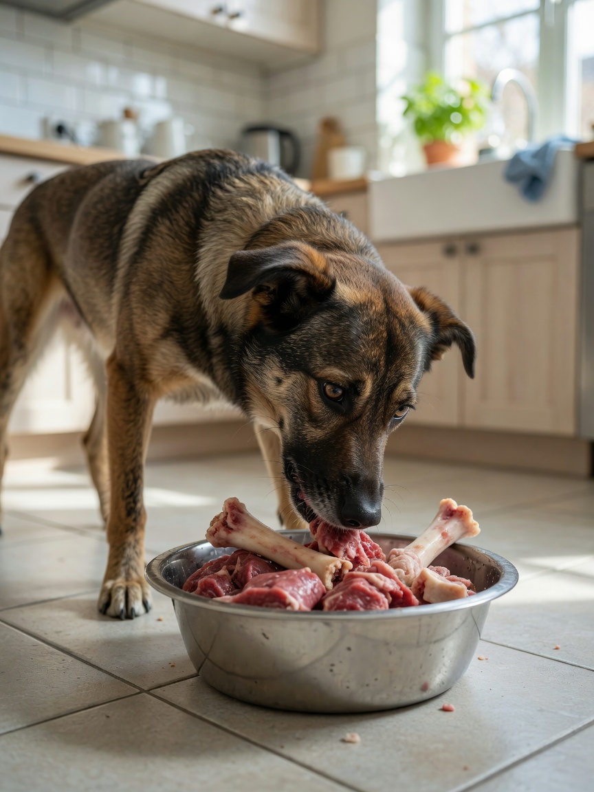 Un cane adulto sano che mangia carne e osso crudi da una ciotola in acciaio inossidabile su un pavimento della cucina durante la luce naturale
