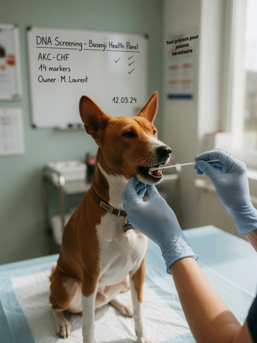 Veterinarian swabbing the inside of a Basenji's cheek for DNA testing during a health screening appointment