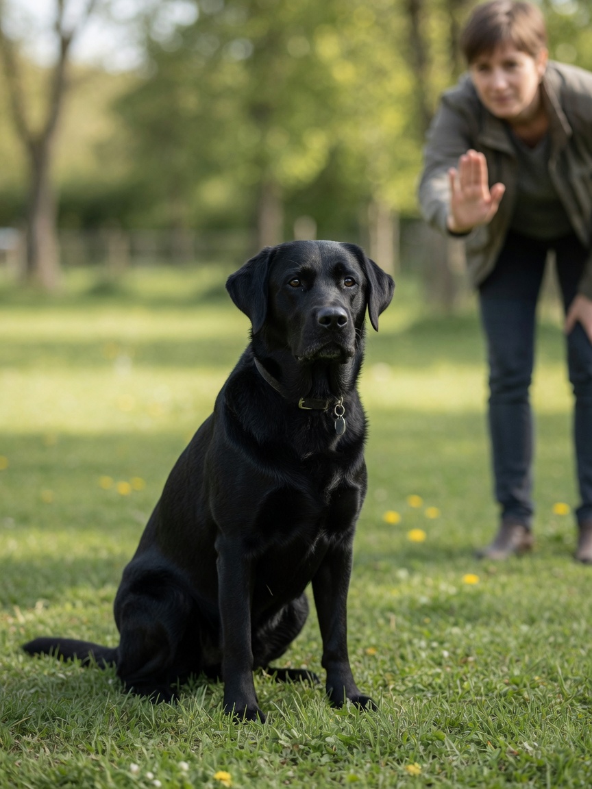 Black Labrador Retriever maintaining stay position while trainer stands at distance with open palm signal during obedience training
