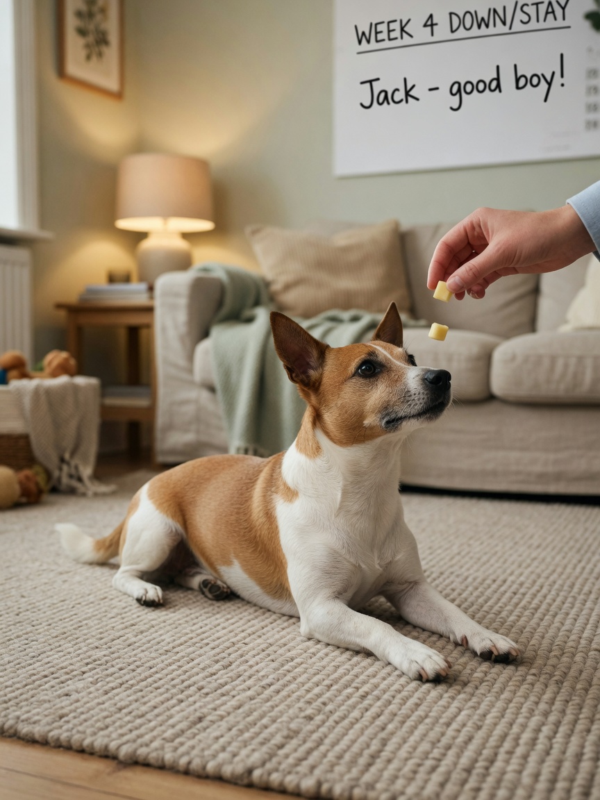 Jack Russell Terrier lying in down position with trainer's hand luring with treat during calm settling training indoors