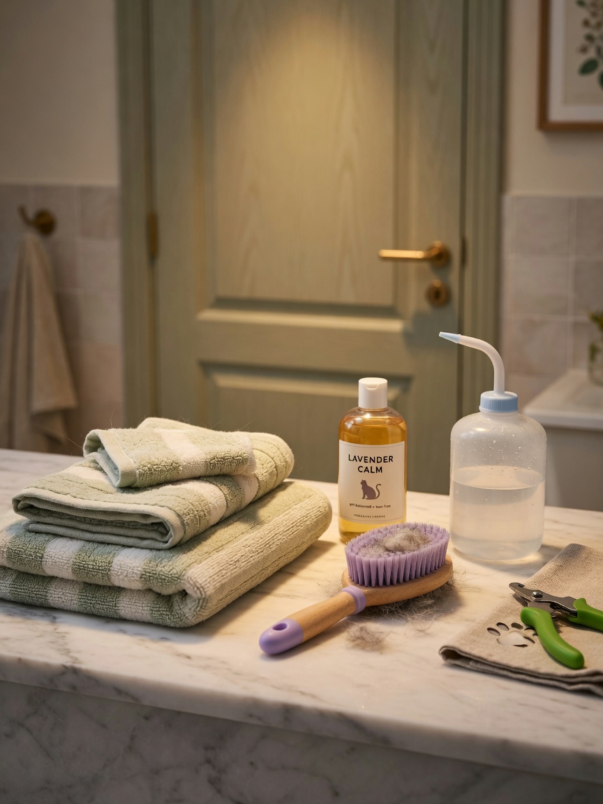 Organized cat bathing supplies including towels, shampoo, brush, jug, and clippers arranged on a bathroom counter showing proper preparation