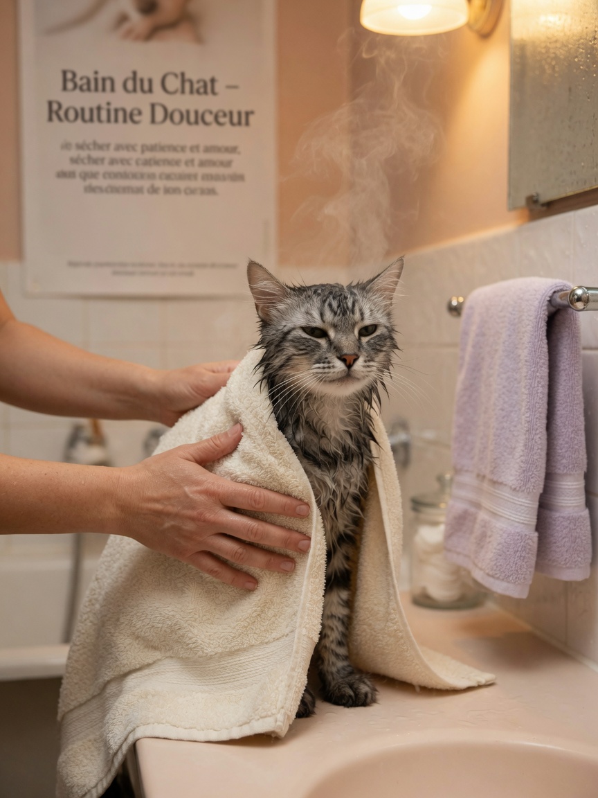 A wet cat being gently pressed dry with a warm towel by a caregiver, demonstrating proper post-bath drying technique without rubbing