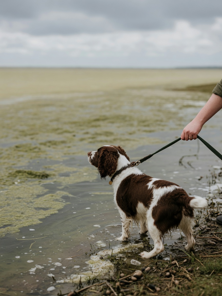 Springer spaniel on a lead kept away from murky algae-bloom coastal water by its owner