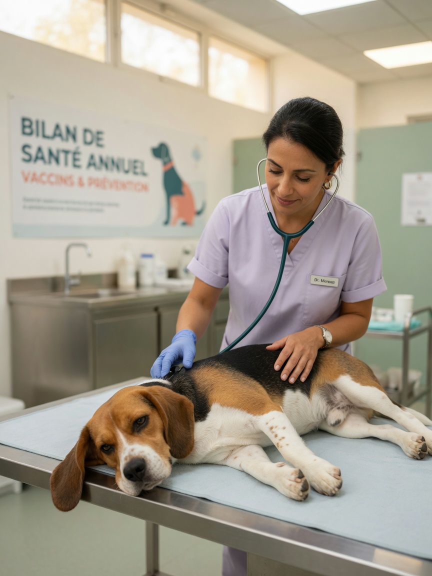 Veterinarian examining a tricolour Beagle with a stethoscope during a health check