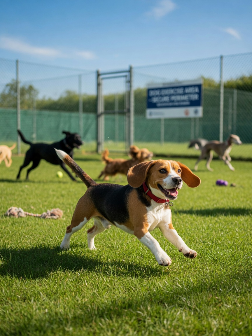 Tricolour Beagle running joyfully in a secure enclosed dog field during exercise