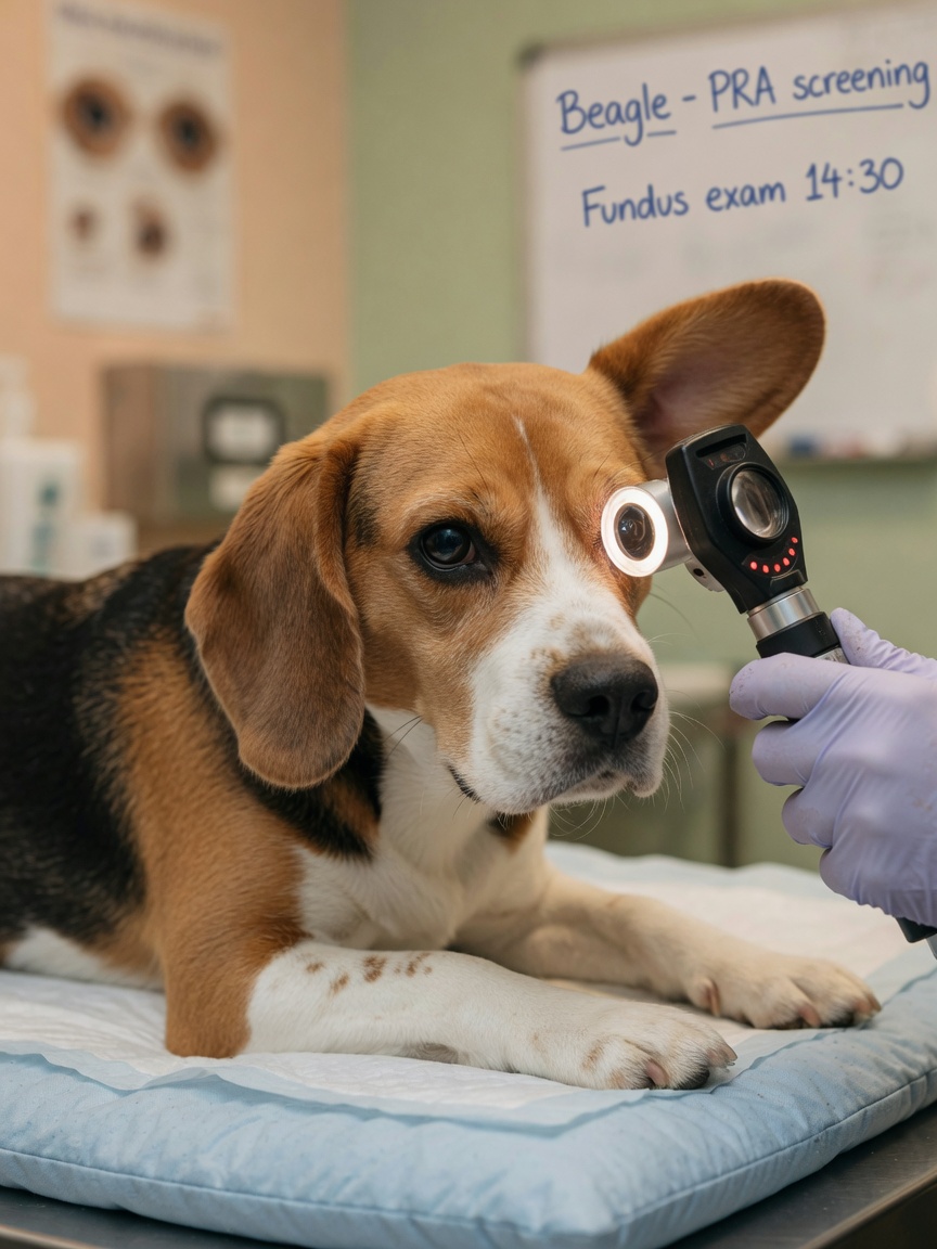 Veterinarian performing an eye examination on a Beagle to screen for inherited eye conditions