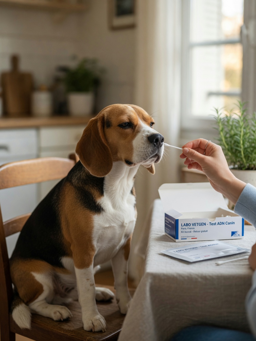 Owner collecting a cheek swab sample from a Beagle for genetic health testing