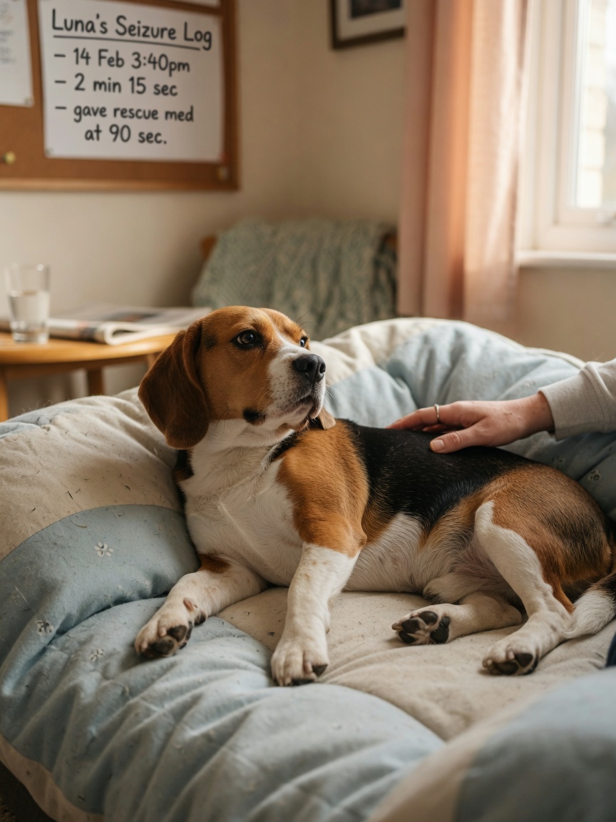 Beagle experiencing a seizure episode, being comforted by an owner's hand