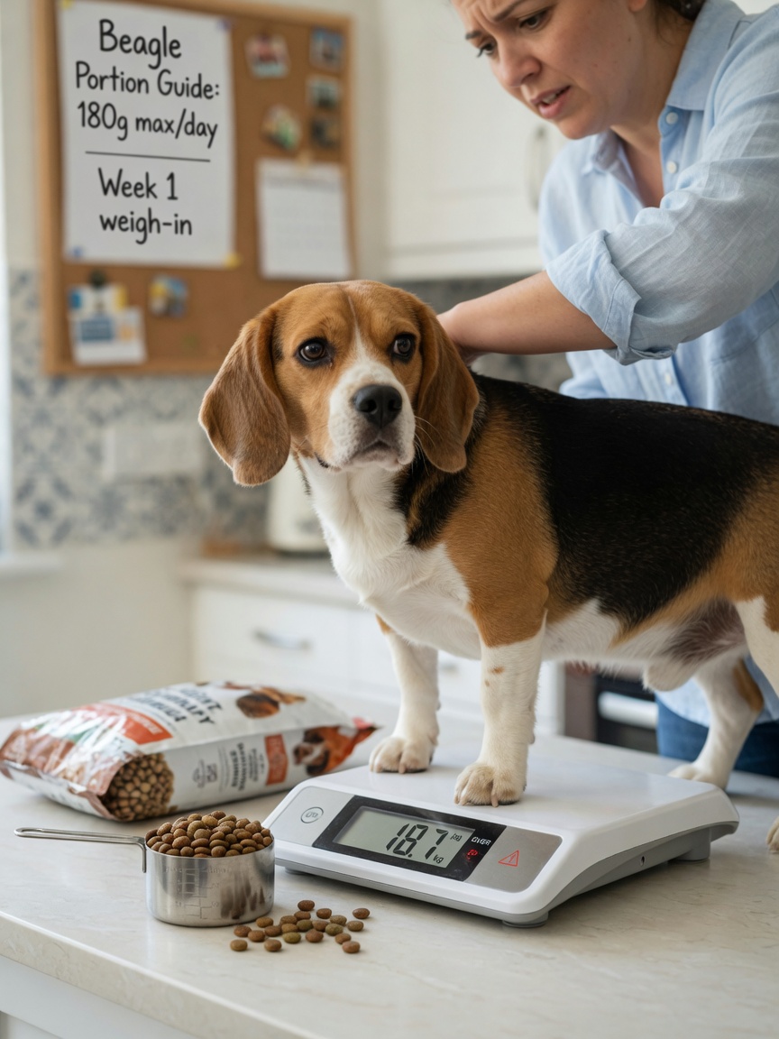 Overweight Beagle standing on a scale with measured food portion nearby
