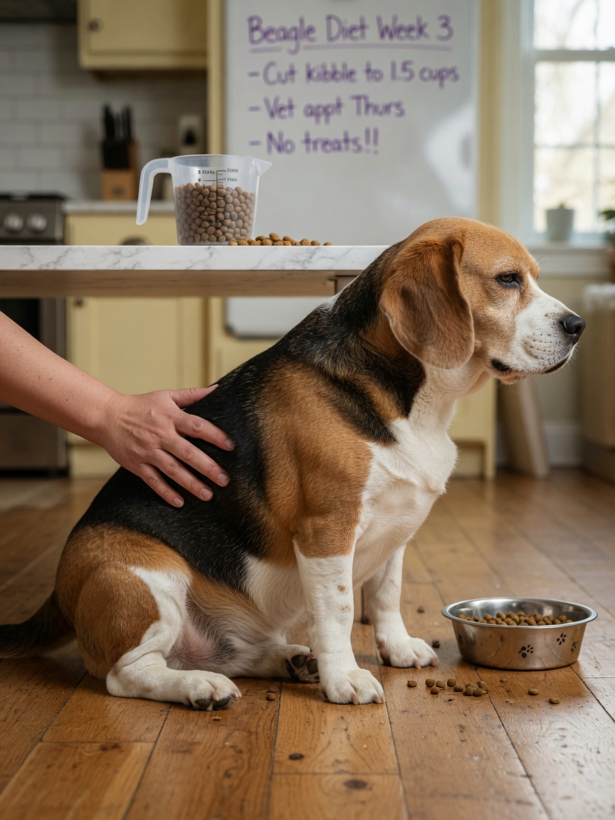 Overweight Beagle showing excess body weight and body condition score concerns