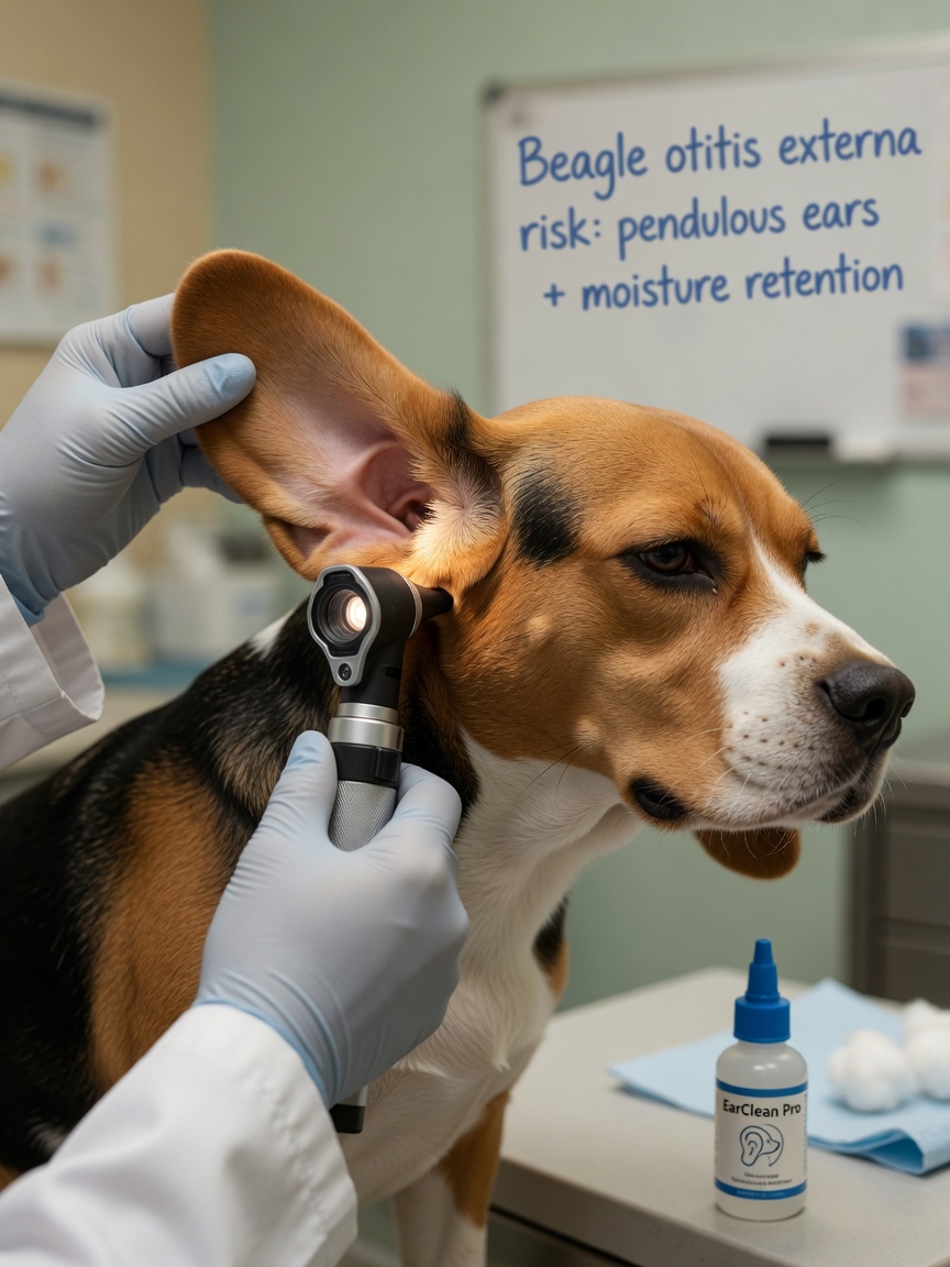 Veterinarian examining Beagle's floppy ears with otoscope during ear infection assessment