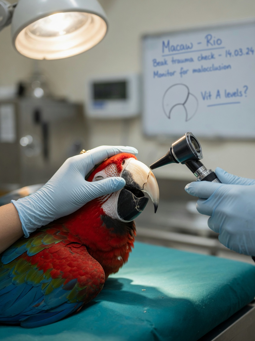 Avian veterinarian examining a parrot's fractured and chipped beak under bright clinical lighting