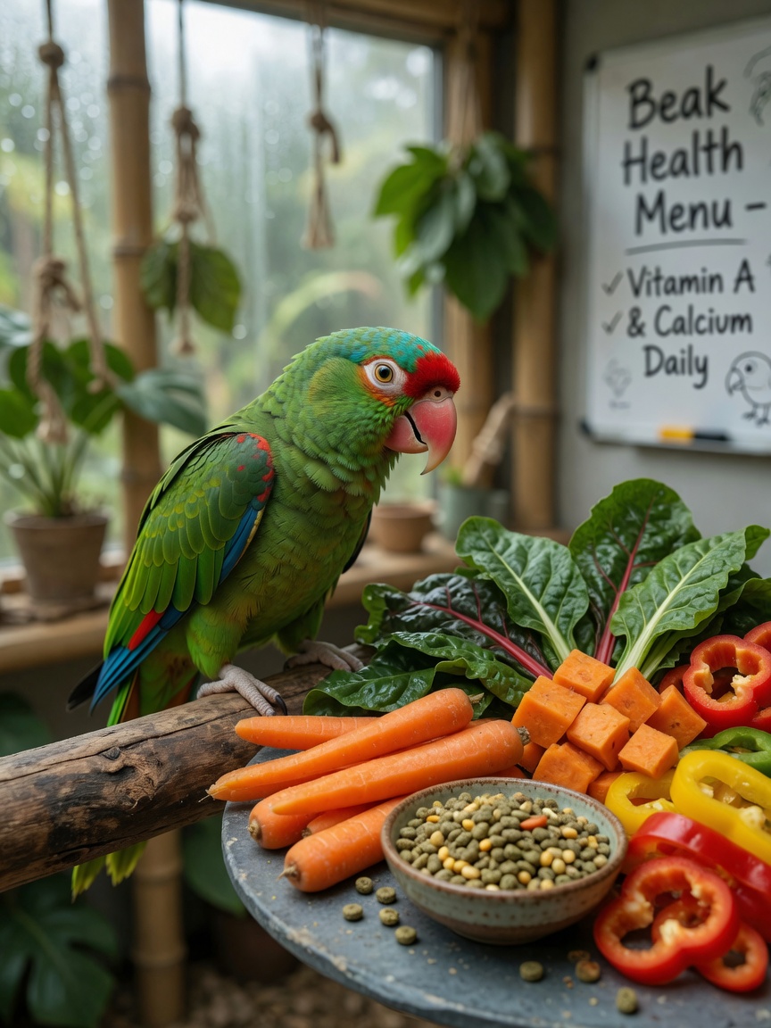 Healthy parrot beside fresh vegetables and pellets representing a balanced nutritional diet for beak health