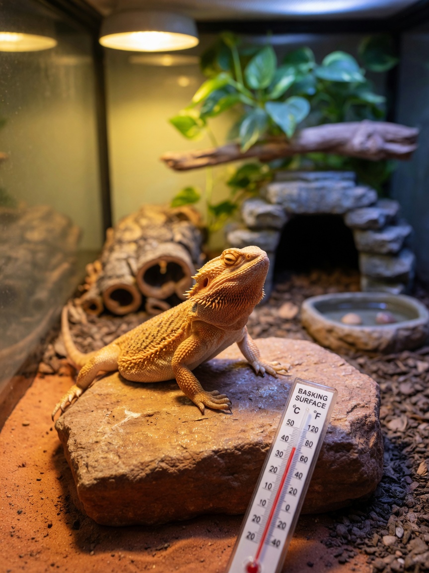 A bearded dragon basking on a warm rock under heat lamp with temperature gradient visible