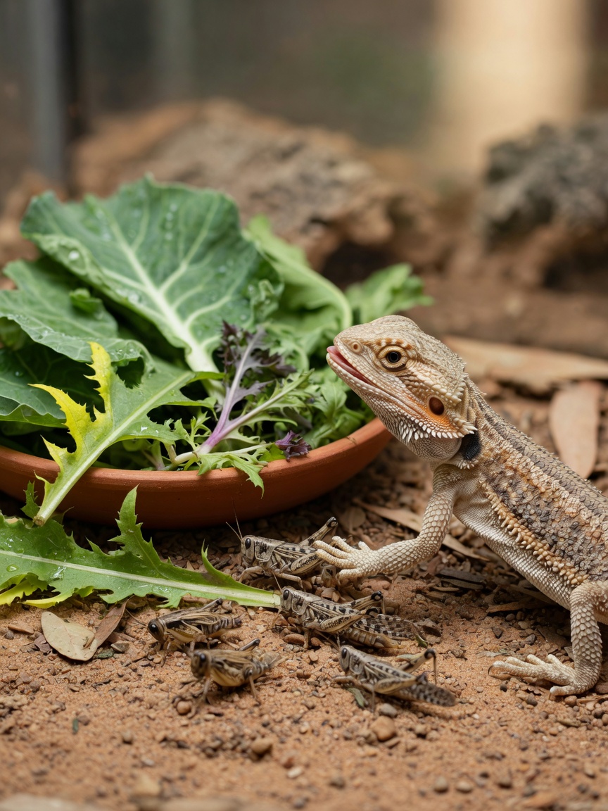 A juvenile bearded dragon feeding on live insects with leafy greens nearby