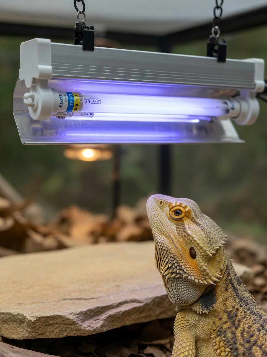 T5 HO UVB fluorescent bulb properly positioned above bearded dragon basking area