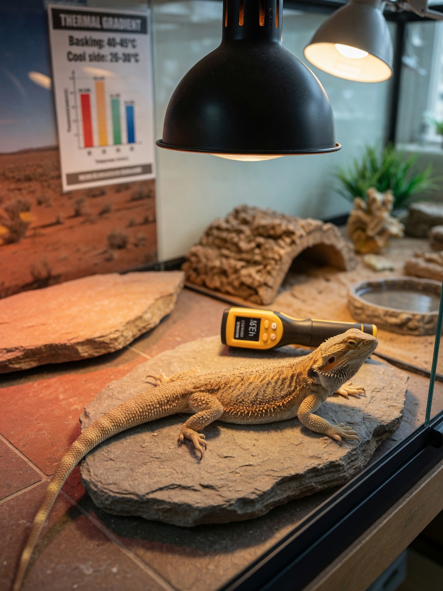 Bearded dragon basking on warm rock under proper heating equipment with thermal gradient visible
