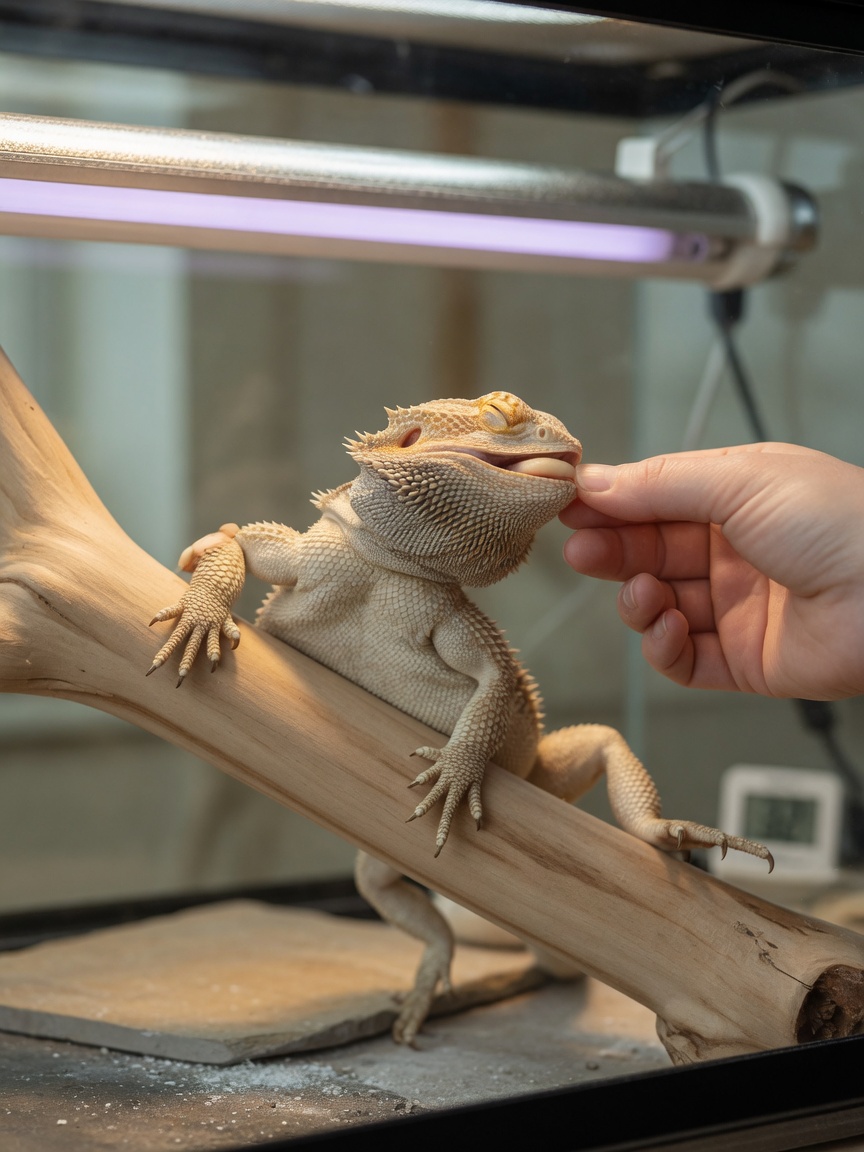 Veterinary examination of a bearded dragon displaying limb swelling and weakness characteristic of metabolic bone disease