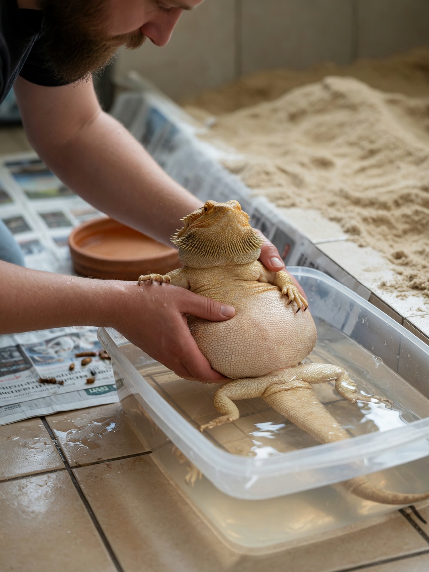 Bearded dragon receiving therapeutic warm bath treatment and gentle abdominal massage for impaction relief