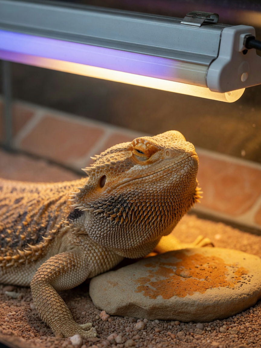 Bearded dragon basking directly under UVB fluorescent lighting at proper mounting distance