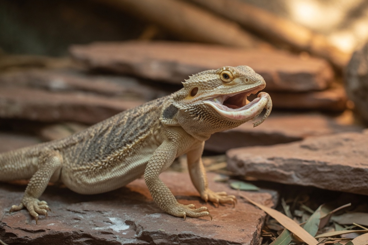 Bearded dragon showing jaw deformity and skeletal weakness from advanced metabolic bone disease