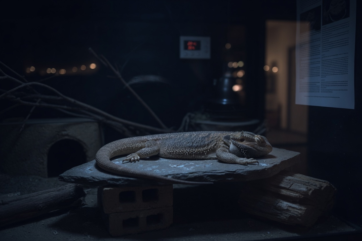 Bearded dragon resting in complete darkness during nighttime rest cycle with all lights off