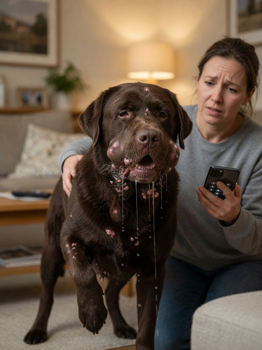 Chocolate Labrador showing allergic reaction symptoms including facial swelling, hives, and excessive drooling, with worried owner kneeling beside it ready to call the vet