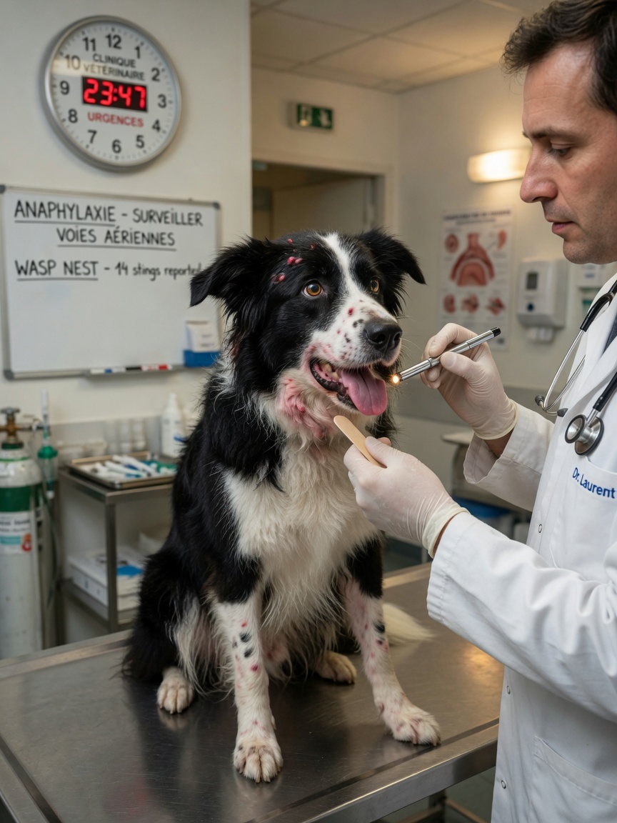 Border collie at emergency veterinary clinic being examined by vet for multiple wasp stings and potential airway swelling, showing multiple red welts across face and body