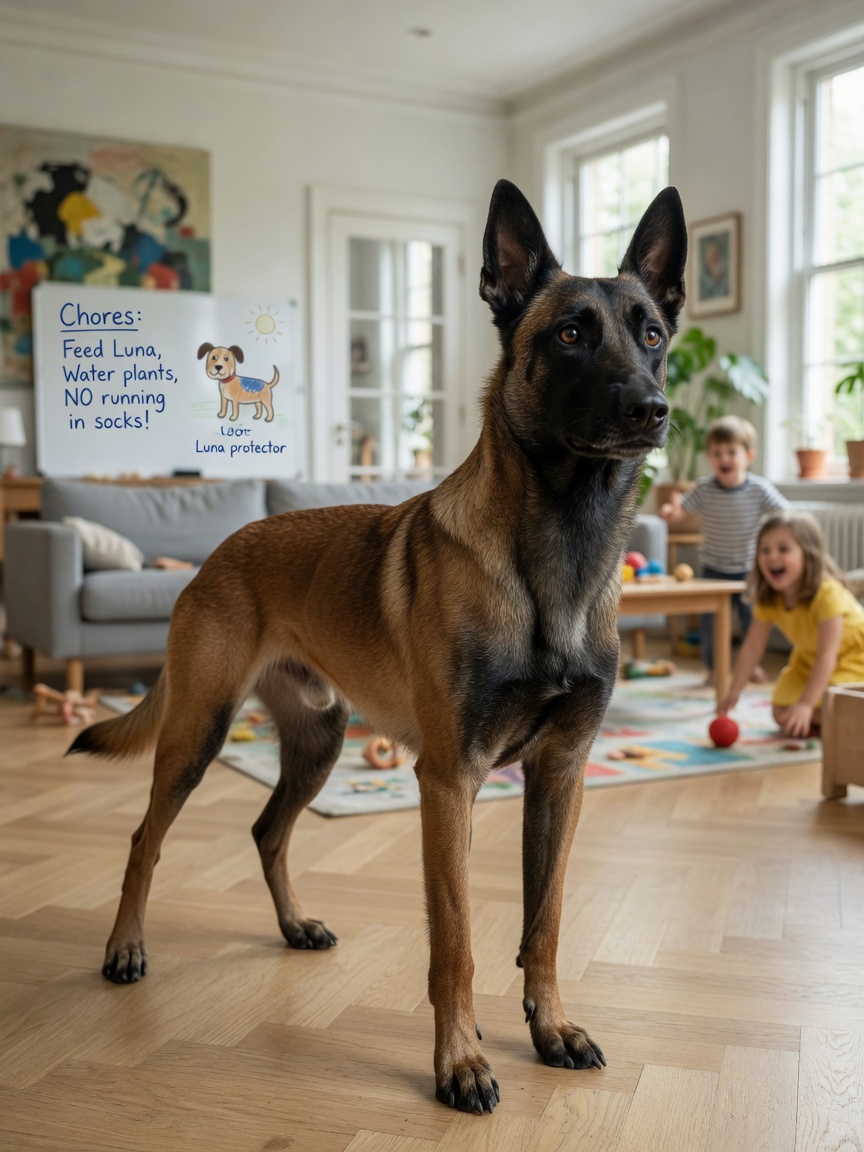 A Belgian Malinois standing alert and watchful in a home setting while children play in the background, illustrating the breed's protective instincts and need for experienced owners.