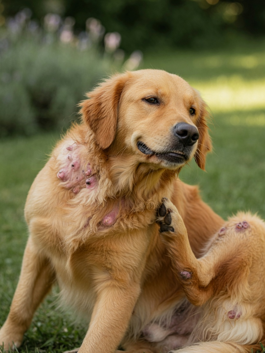 Golden retriever with itchy, irritated skin and hives visible, scratching due to allergic reaction