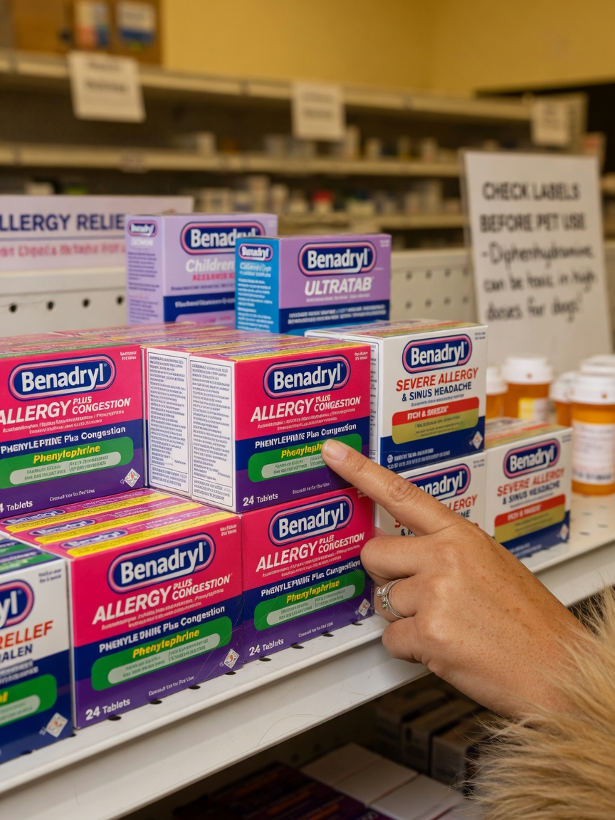 Multiple Benadryl product boxes on pharmacy shelf with dog owner's hand examining labels carefully to check ingredients