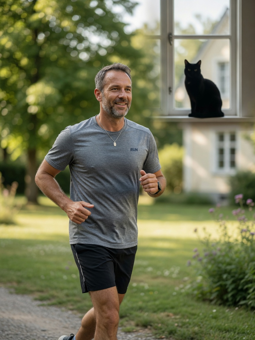 Healthy middle-aged man jogging outdoors with cat visible in window, symbolizing cardiovascular health benefits of cat ownership