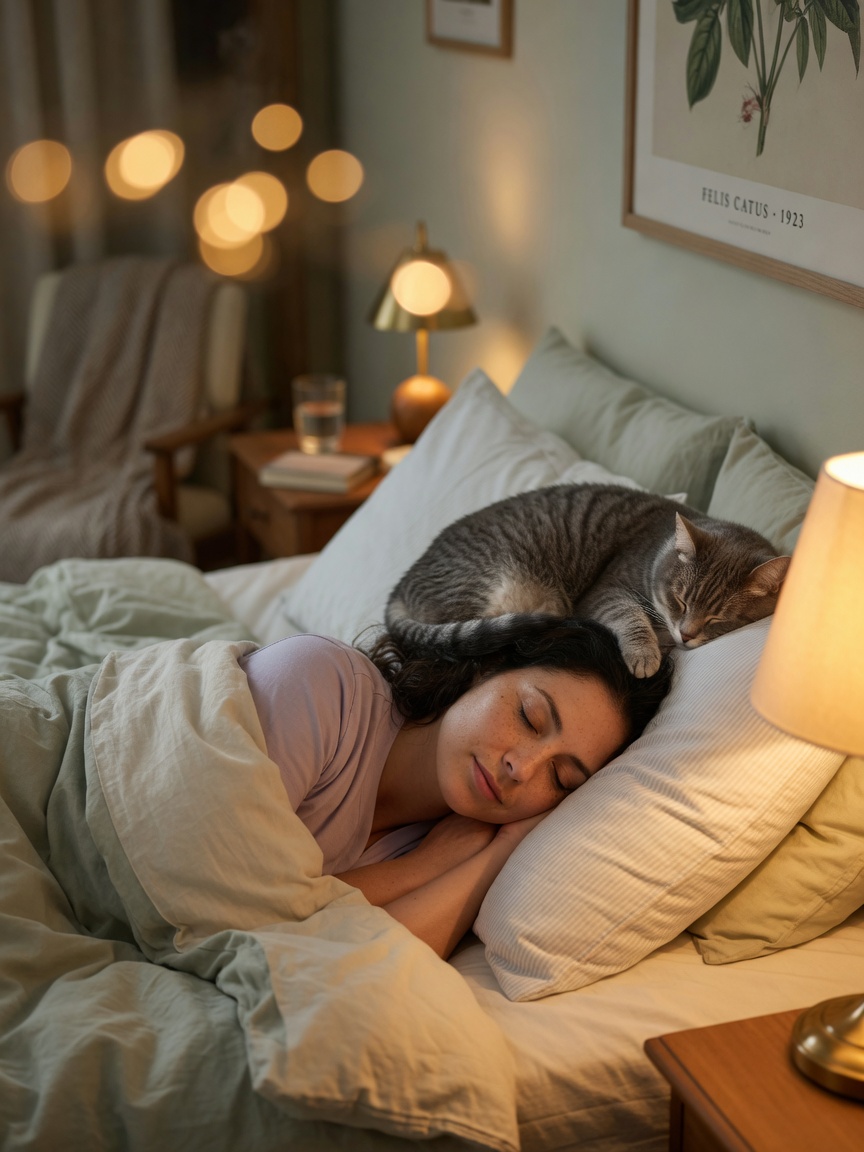 Sleeping adult peacefully resting with tabby cat curled beside them on pillow, demonstrating improved sleep quality through feline companionship