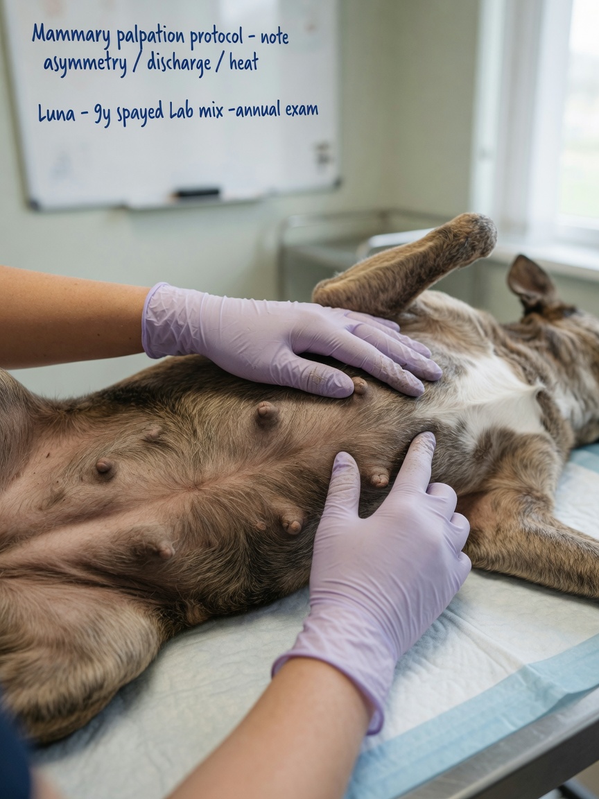 Veterinarian's hands performing mammary gland examination on calm female dog during routine clinic visit
