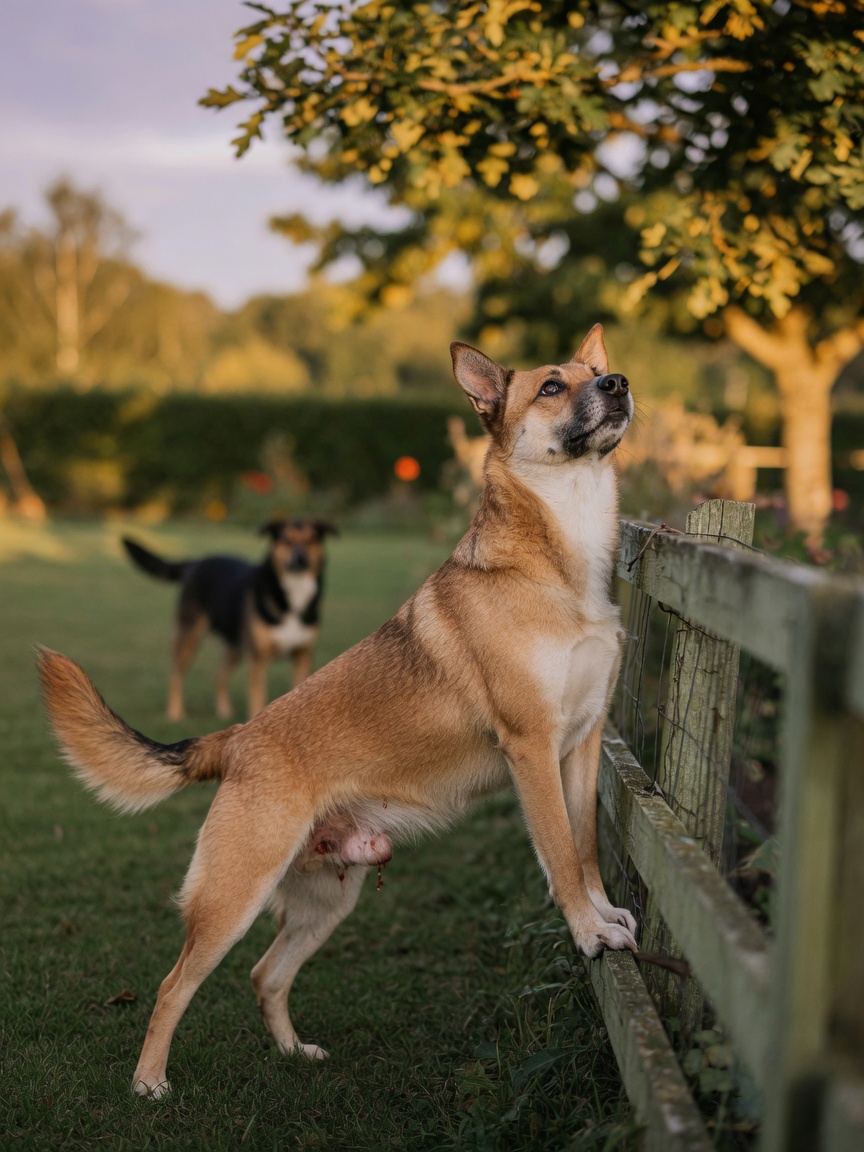 Intact female dog showing restless behaviour at fence with alert posture during oestrus cycle