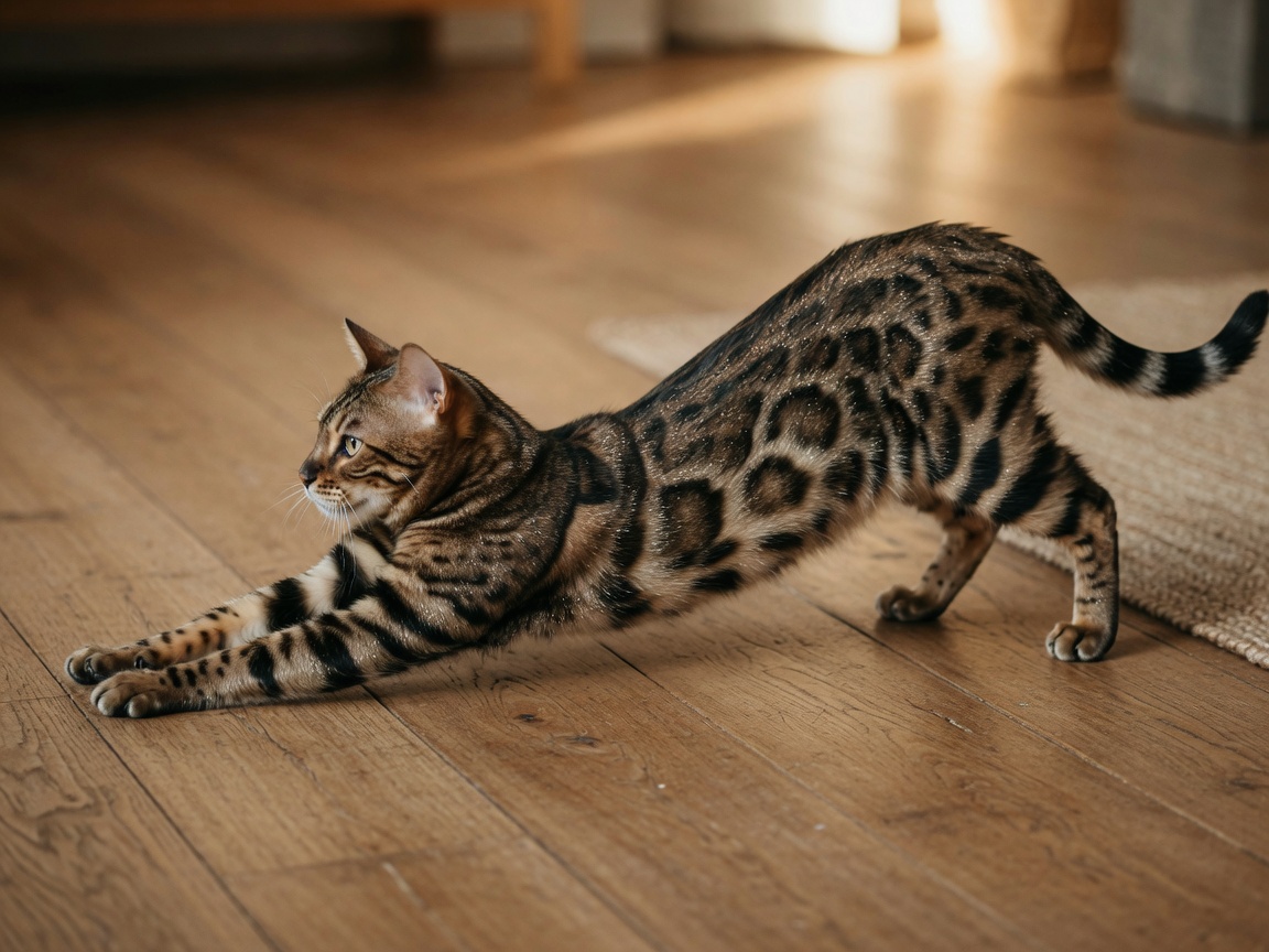 Bengal cat stretching to show muscular athletic build, rosette coat pattern, and glittering fur texture