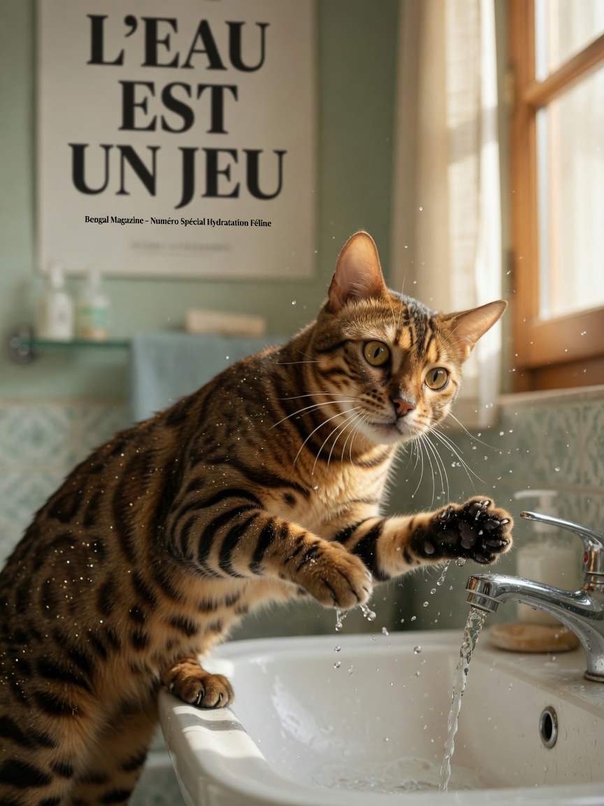 Bengal cat playing with running water at a tap, displaying characteristic active and curious temperament with glossy rosette-spotted coat