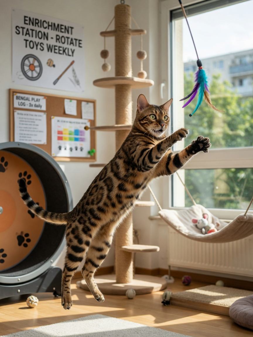 Gatto Bengal che gioca attivamente con un giocattolo a bacchetta con piume in un ambiente domestico arricchito