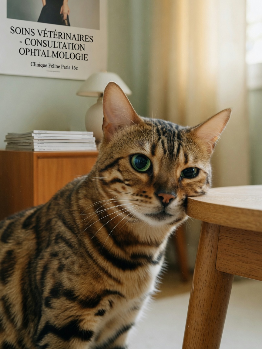 Bengal cat with dilated pupils showing early signs of progressive retinal atrophy in home environment