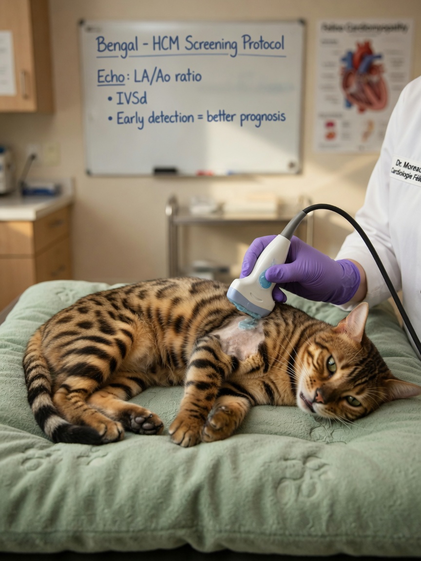 Bengal cat undergoing echocardiographic cardiac ultrasound screening for hypertrophic cardiomyopathy