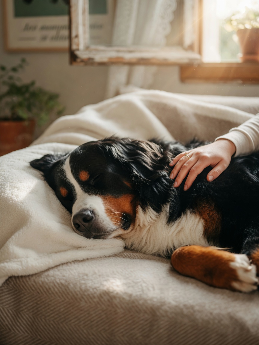 A Bernese Mountain Dog resting peacefully on a soft blanket with owner's hand gently on its shoulder in warm window light