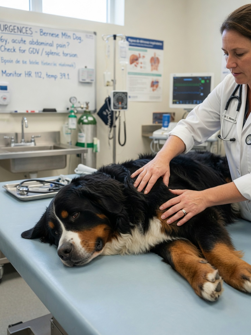 A Bernese Mountain Dog being examined by a veterinarian at an emergency clinic for potential bloat symptoms
