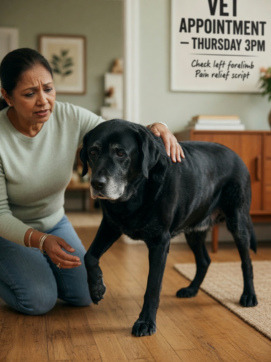 Senior Labrador Retriever limping with owner's supportive hand on its back, showing signs of joint inflammation