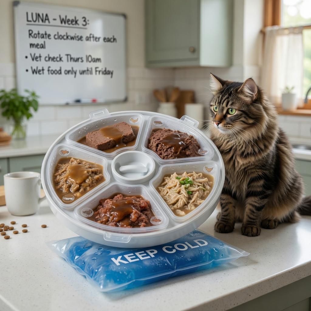 Plateau tournant distributeur multi-repas avec compartiments scellés contenant de la nourriture humide et un accumulateur de froid, avec un chat tabby à proximité