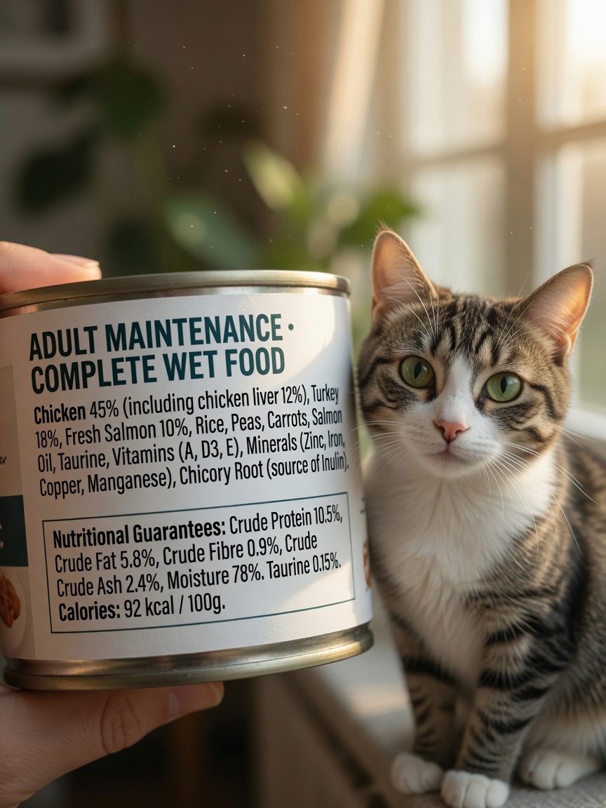 Cat food label held up to light next to attentive tabby cat showing ingredient transparency