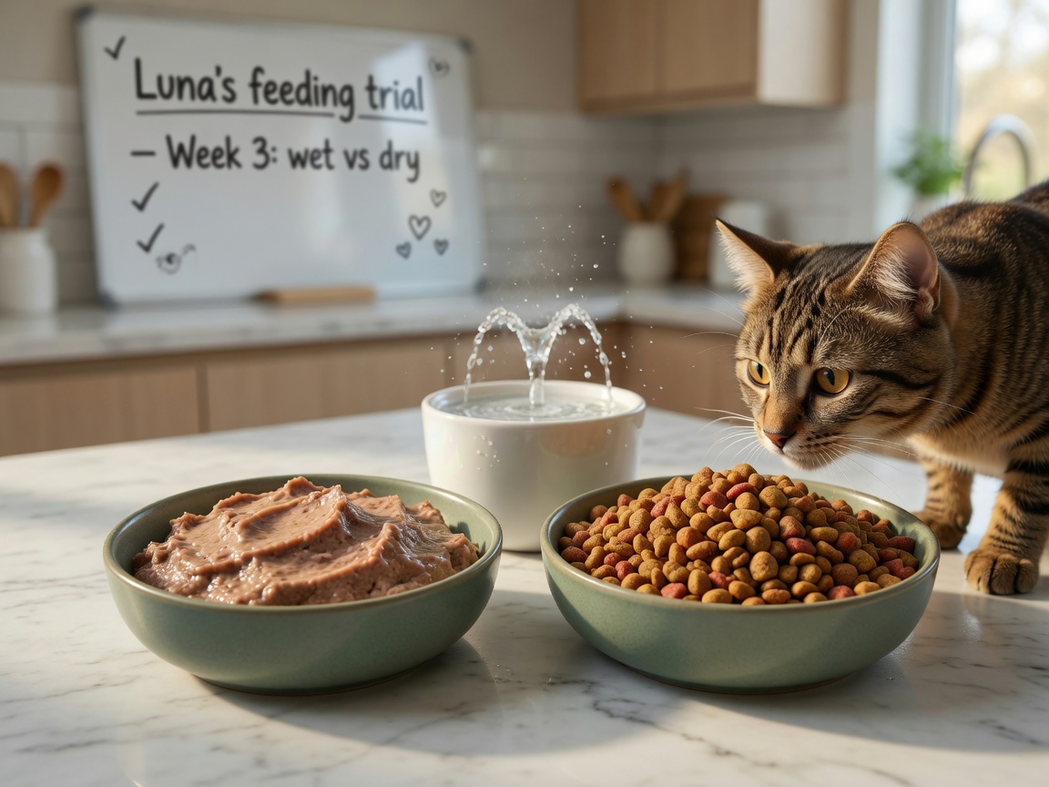 Side-by-side comparison of wet and dry cat food bowls with a cat showing preference for wet food