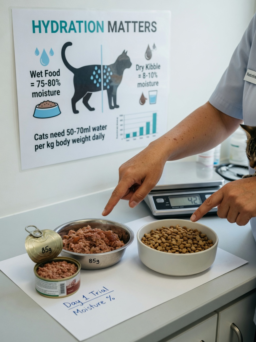 Veterinary nutritionist comparing wet and dry cat food portions side-by-side on clinic counter