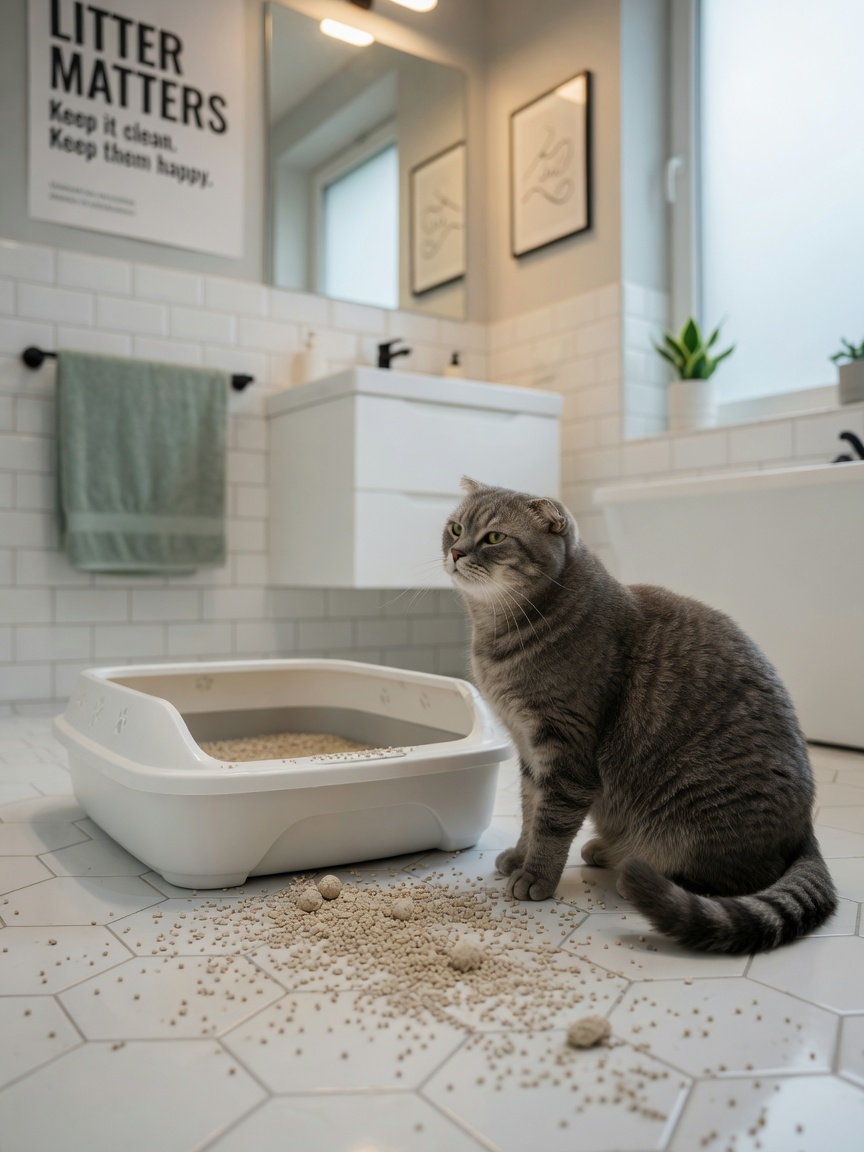 Gray tabby cat appearing reluctant near a litter box with scattered litter on the bathroom floor, illustrating inappropriate elimination issues.