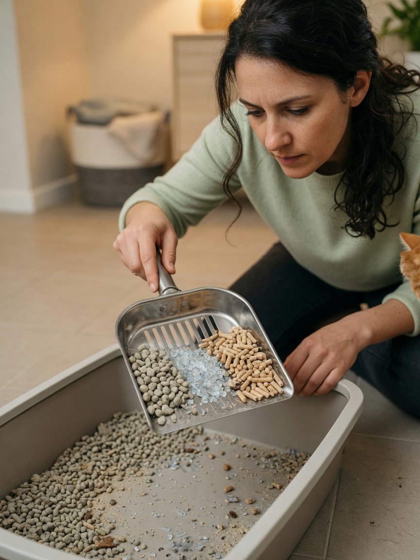 Woman demonstrating litter scooping technique comparing different types of litter clumps and residue in a scoop.